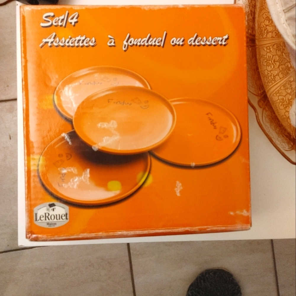 Le Rouet Orange Fondue Dessert Plate Set
